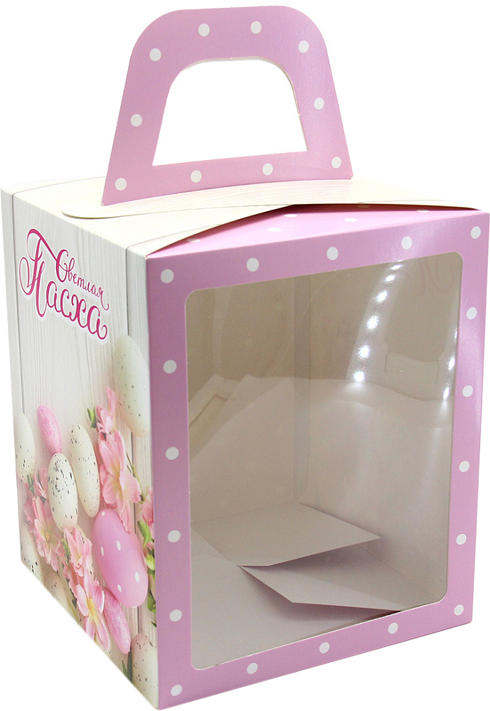 Фото коробка для кулича 15х18 см. с окошком светлая пасха розовая
