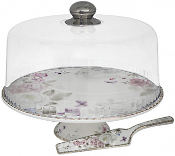 Фото тортовница с колпаком и лопаткой на ножке 30,5 см. пионы