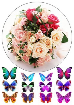 Фото картинка вафельная белые розы и бабочки