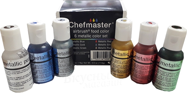 Фото краски сияющие набор металлик metallic airbrush chefmaster, 6 цветов по 20 гр.