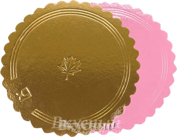 Фото подложка под торт усиленная 26 см. золото/розовая ромашка, 3.5 мм.