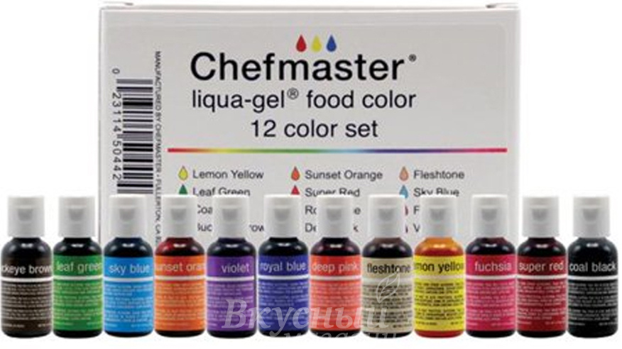 Фото краски гелевые набор liqua-gel chefmaster, 12 цветов по 20 гр.