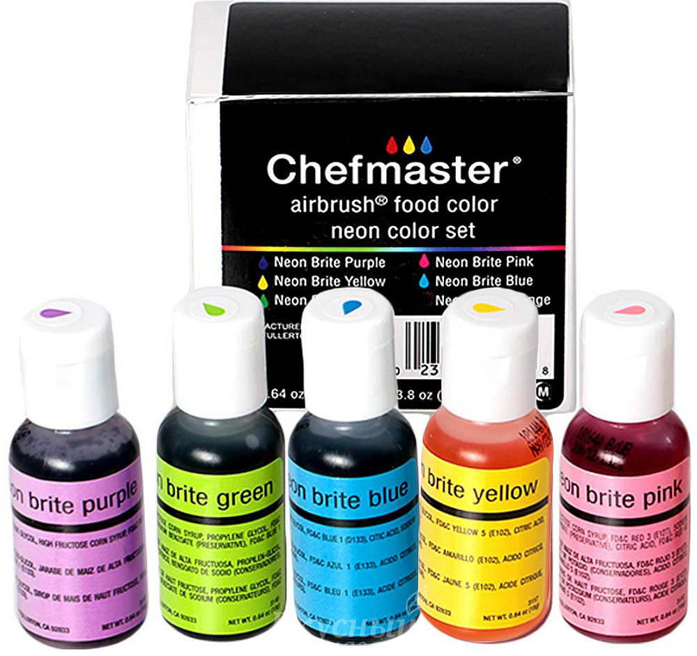 Фото краски сияющие набор неон neon airbrush chefmaster, 5 цветов по 18 гр. 