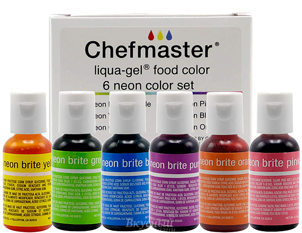 Фото краски гелевые набор liqua-gel chefmaster neon color set liqua-gel, 6 цветов по 20 гр.