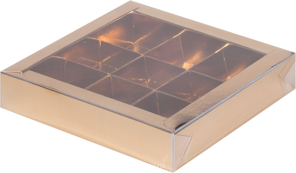 Фото упаковка для конфет 9 ячеек золотая с прозрачной крышкой рамка 15,5х3 см.