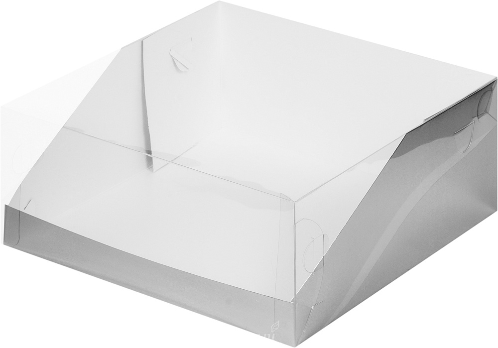 Фото упаковка для торта на 1,5 кг. 23,5х23,5х10 с прозрачной крышкой серебро премиум