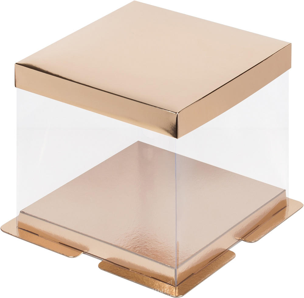 Фото упаковка для торта на 4 кг. 30х30х28 прозрачная золото премиум