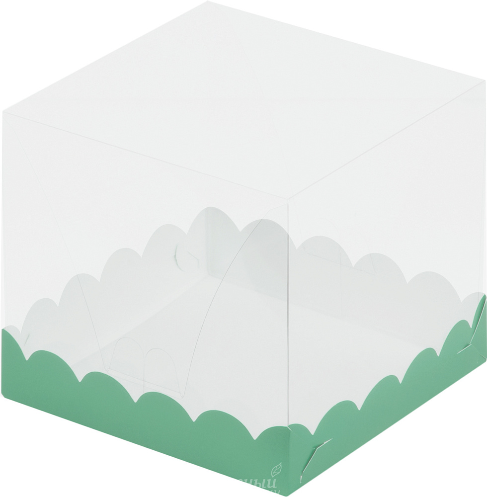 Фото упаковка для торта на 0,5 кг. 15х15х14 прозрачная зеленая