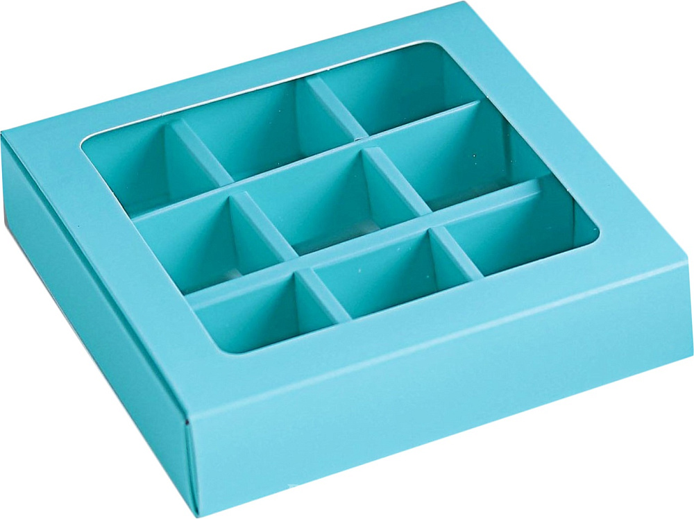Фото упаковка для конфет 9 ячеек голубая с окошком рамка 14,5х14,5х3,5 см.