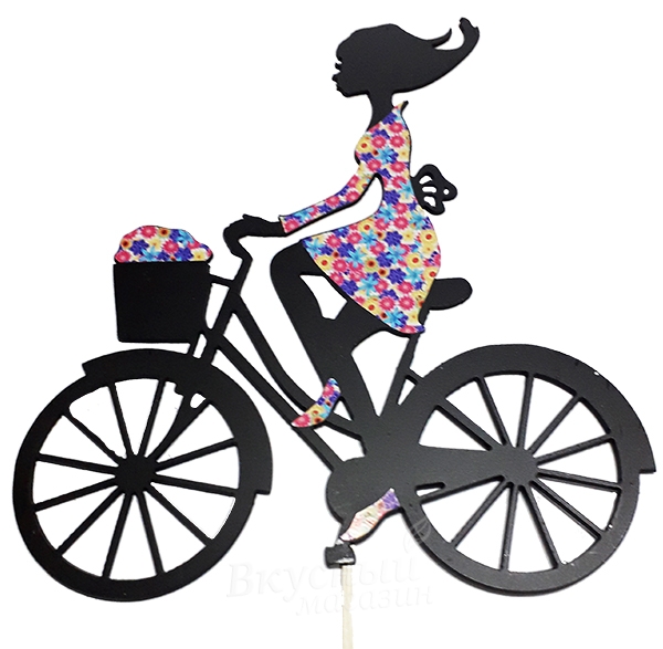 Фото топпер для торта девушка в цветном платье на велосипеде
